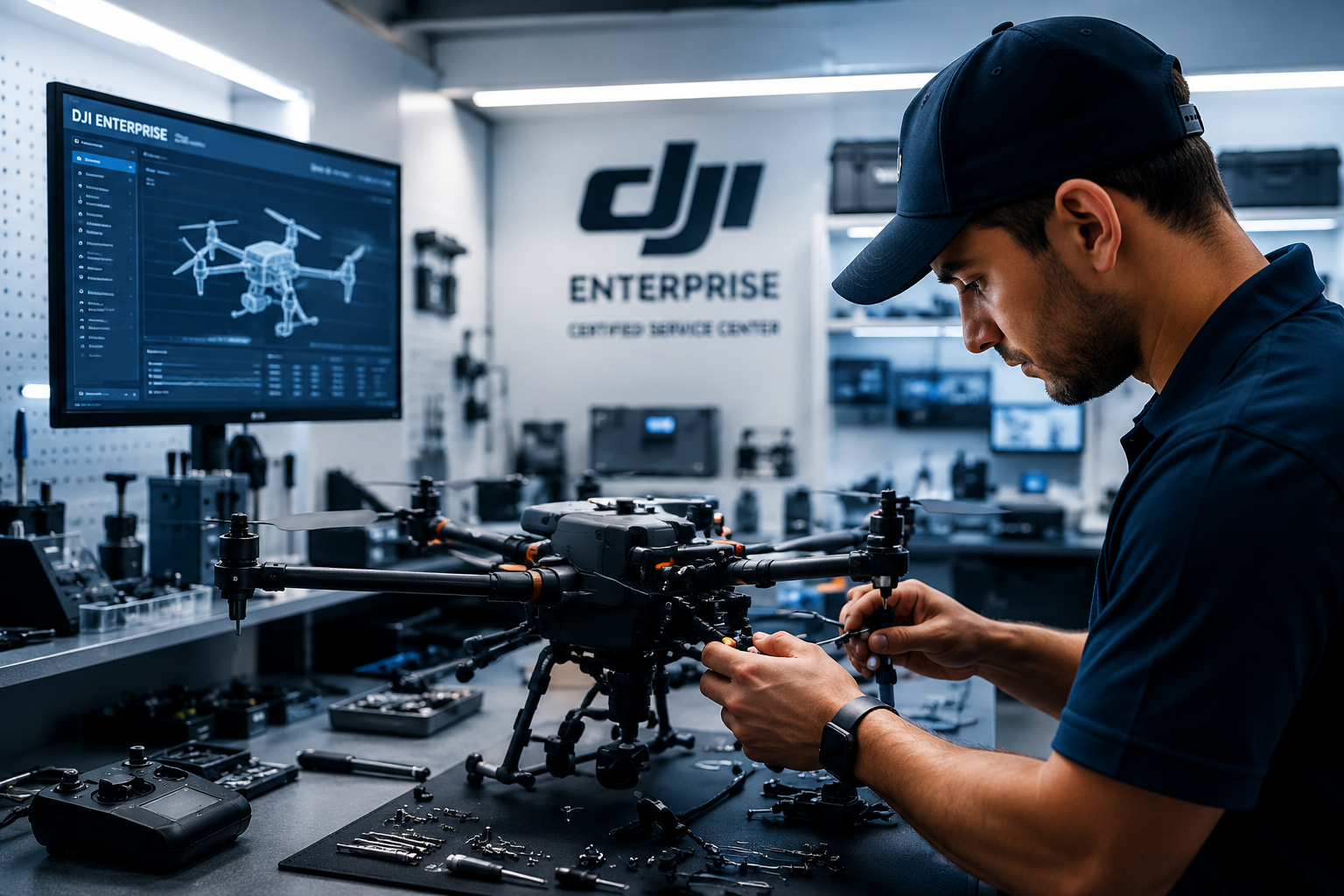 Technician repairing drone