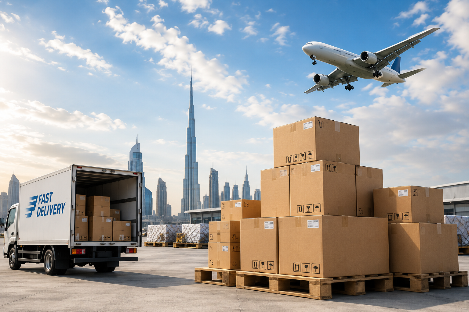 Shipping boxes and cargo plane